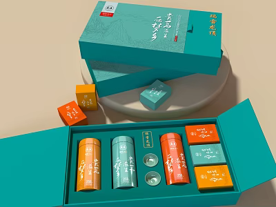 Open Green Tea Gift Box With Colorful Containers And Small Packets 3d model