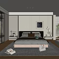 Modern Bedroom Interior With Comfortable Bed Nightstands Pendant Lights Rug Plants And Artwork