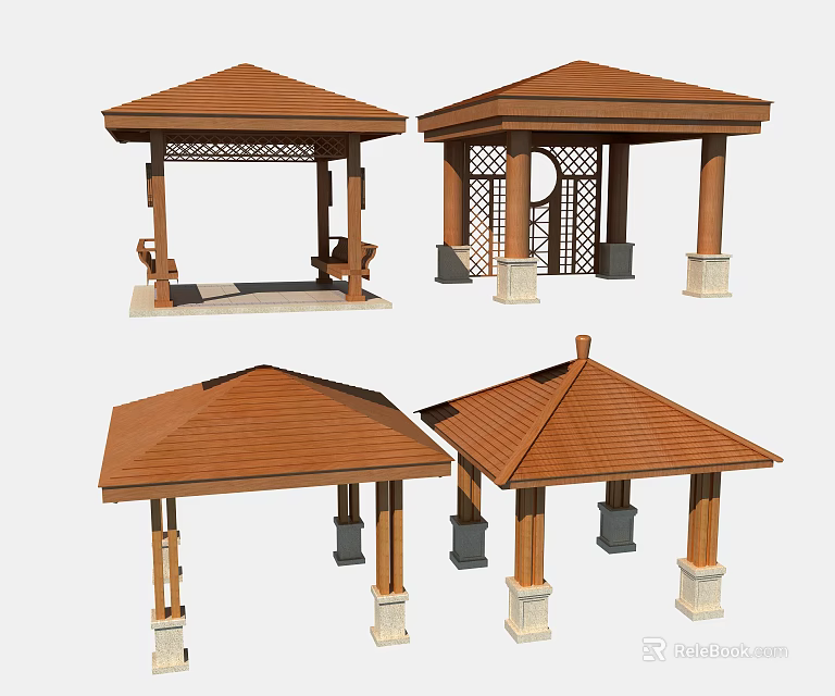 Various Angles Of Traditional Gazebo With Brown Roof Latticed Sides And Stone Columns 3d model 