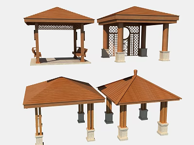 Various Angles Of Traditional Gazebo With Brown Roof Latticed Sides And Stone Columns 3d model