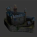 Medieval Castle Model With Blue Roofs Towers And Stone Walls Design