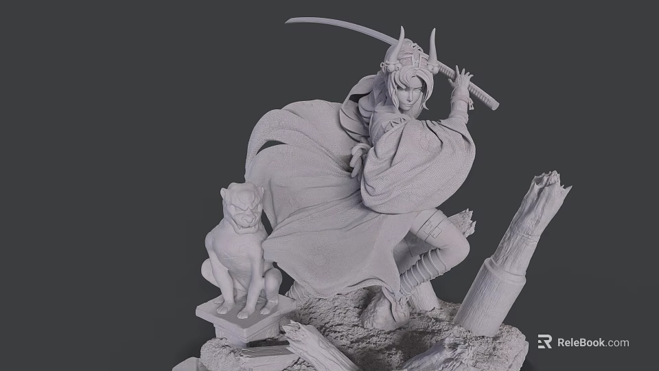 Game Movie Character Wearing Cloak Holding Sword with Feline Statue and Tree Trunk 3d model 