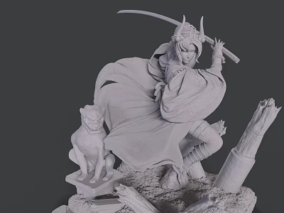 Game Movie Character Wearing Cloak Holding Sword with Feline Statue and Tree Trunk 3d model
