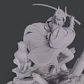 Game Movie Character Wearing Cloak Holding Sword with Feline Statue and Tree Trunk
