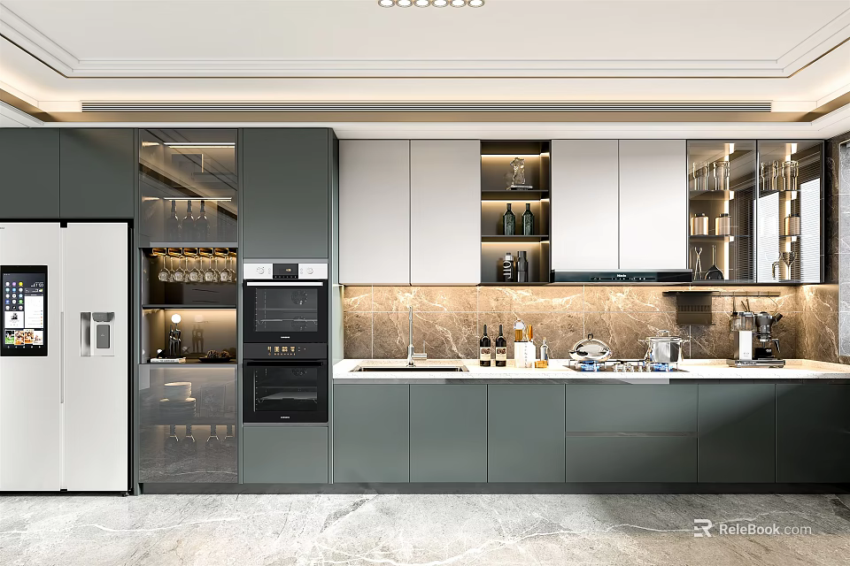 Modern Kitchen With Gray And White Cabinets Marble Countertop And Appliances 3d model 