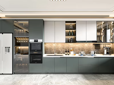 Modern Kitchen With Gray And White Cabinets Marble Countertop And Appliances 3d model