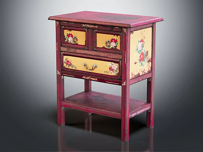 Red Entryway Cabinet Sideboard With Yellow Drawer Panels Floral Patterns Two Drawers And Lower Shelf 3d model