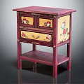Red Entryway Cabinet Sideboard With Yellow Drawer Panels Floral Patterns Two Drawers And Lower Shelf