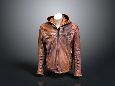 Stylish Brown Leather Jacket With Hooded Design And Zippered Front For Casual Wear 3d model