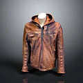 Stylish Brown Leather Jacket With Hooded Design And Zippered Front For Casual Wear