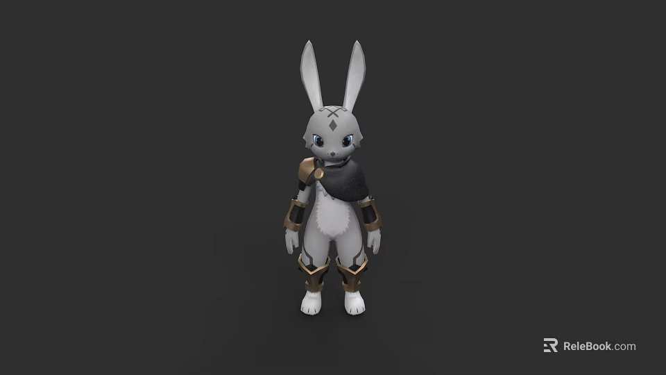 3D Rabbit Character With White Fur Golden Armor And Black Cape 3d model 