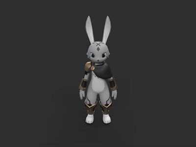 3D Rabbit Character With White Fur Golden Armor And Black Cape 3d model