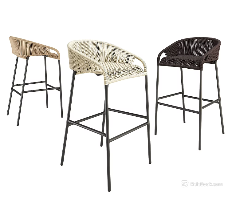 Woven Bar Stools With Black Metal Legs In Three Different Colors 3d model 