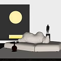 Modern Fluffy Sectional Sofa With Black Wall Round Painting And Fireplace