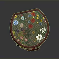 Round Decorative Storage Box With Vibrant Floral And Butterfly Patterns Red Trim And Leather Handle