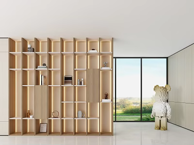 Modern Light Wood Bookcase With Open Shelves LED Lighting And Large Window View 3d model