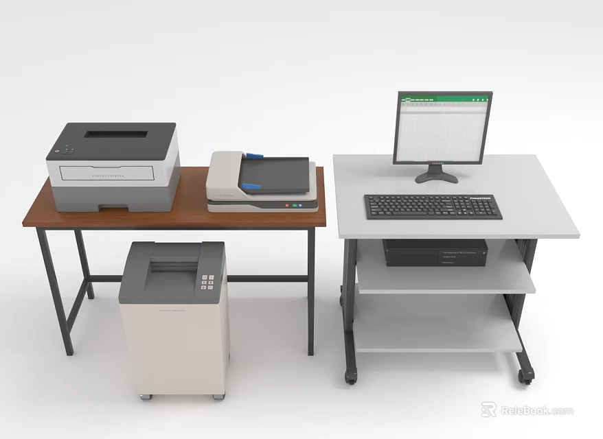 Efficient Office Workstation Setup With Wooden White Desks Printer Scanner Computer And Shredder 3d model