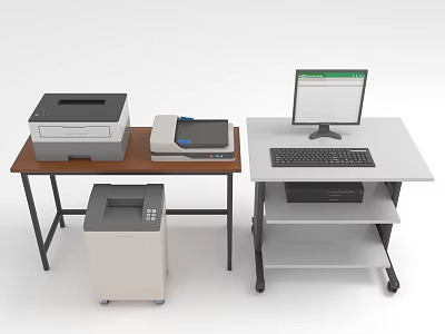 Efficient Office Workstation Setup With Wooden White Desks Printer Scanner Computer And Shredder 3d model