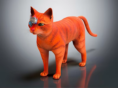 Orange Tabby Cat With Mechanical Eye Device Standing On Glossy Reflective Surface 3d model