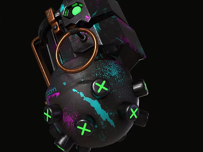 Black Spherical Weapon with Green Purple X Marks Orange Pull Ring Graffiti Style Explosive Design 3d model