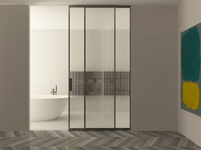 Glass Sliding Doors in Modern Bathroom with Herringbone Flooring and Abstract Art 3d model