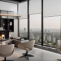 Modern Office Interior With Large Windows City Mountain Views Desk Chairs Sofa And Coffee Table