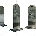 Three Aged Stone Tombstones With Wood Accents And Carved Inscriptions