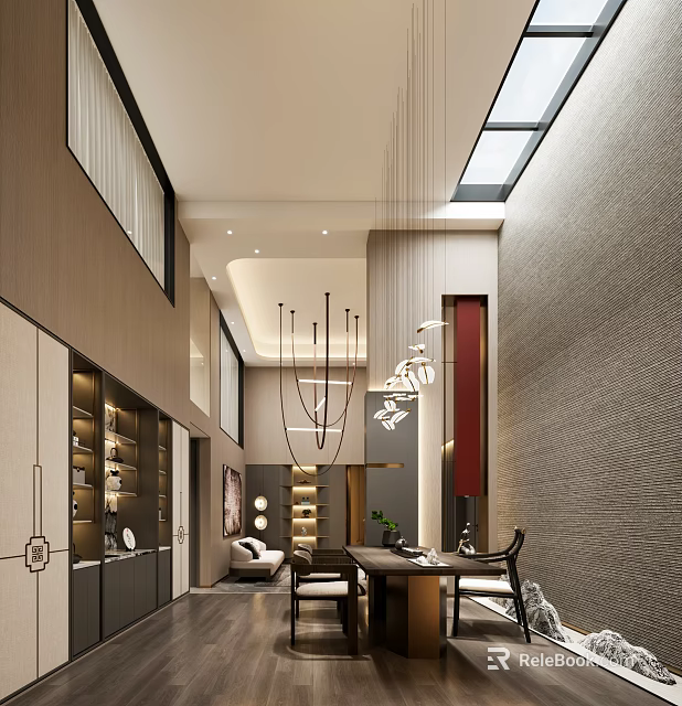 Modern Basement Interior Design With Skylight Chandeliers Bookshelves Sofa And Desk 3d model 