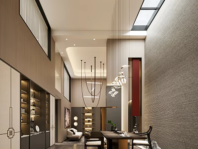Modern Basement Interior Design With Skylight Chandeliers Bookshelves Sofa And Desk 3d model