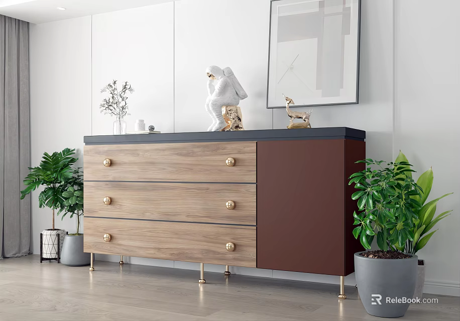 Modern Entryway Side Cabinet With Wooden Drawers Metal Legs And Decorative Plants 3d model 