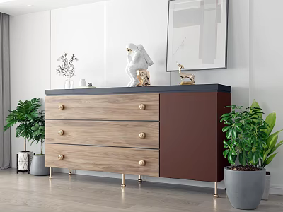 Modern Entryway Side Cabinet With Wooden Drawers Metal Legs And Decorative Plants 3d model