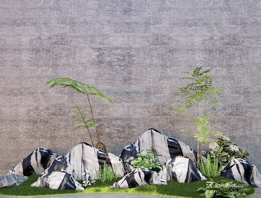 Rustic Stones And Wood Landscape With Gray Wall Green Ferns Small Trees And Grass 3d model 