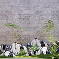 Rustic Stones And Wood Landscape With Gray Wall Green Ferns Small Trees And Grass