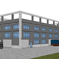 Modern Multi Storey Industrial Factory Building With Large Windows Parking Truck Container Grass Blue Sky