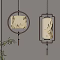 Traditional Chinese Hanging Lights Featuring Circular and Rectangular Frames Landscape and Bamboo Patterns 3d model