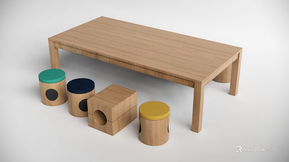 Wooden Kids Table With Colorful Stools And Playful Storage Hole Design 3d model 