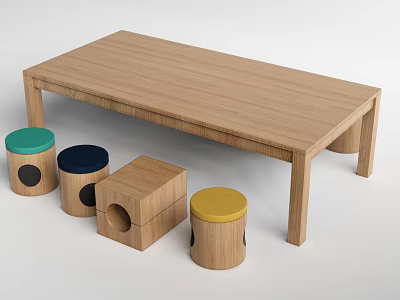 Wooden Kids Table With Colorful Stools And Playful Storage Hole Design 3d model
