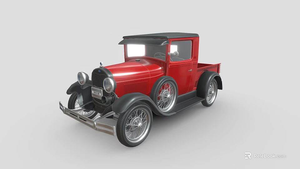 Red Vintage Pickup Truck With Classic Black Top And Silver Wheels 3d model 