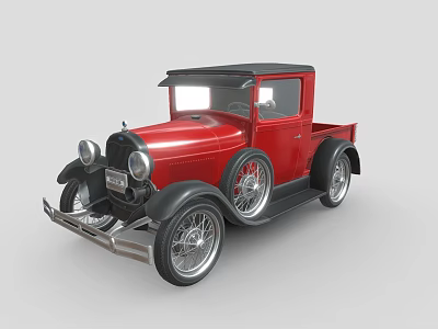 Red Vintage Pickup Truck With Classic Black Top And Silver Wheels 3d model