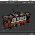 Vintage Electric Tram with Red and Beige Classic Design on Tracks and Wooden Interior