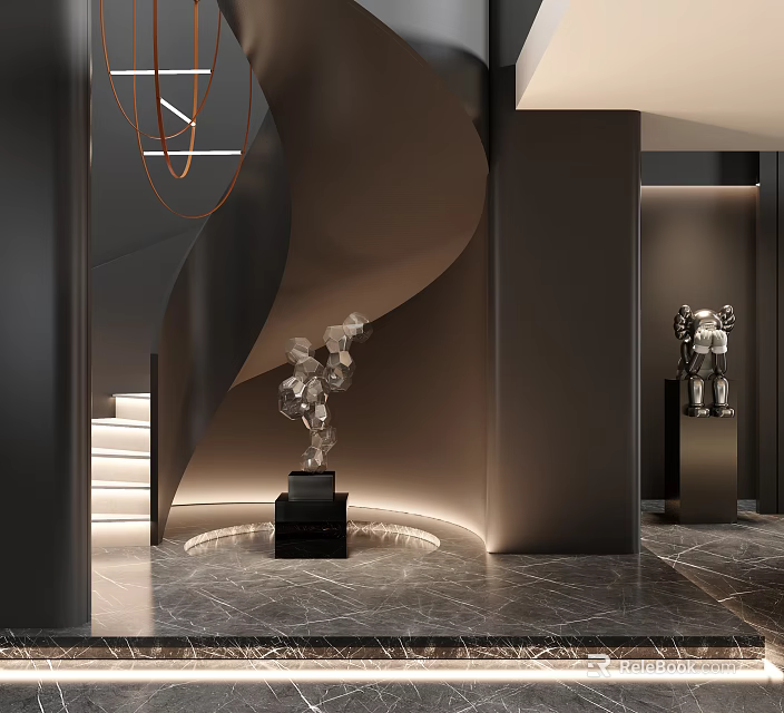 Modern Luxury Foyer Interior With Curved Walls Marble Floor And Sculptures Lighting Design 3d model 