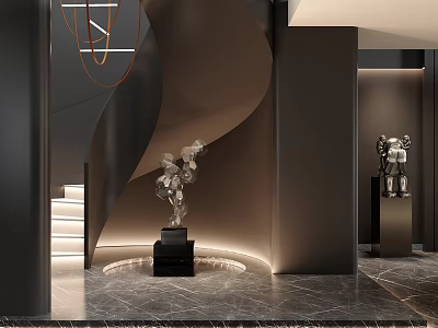 Modern Luxury Foyer Interior With Curved Walls Marble Floor And Sculptures Lighting Design 3d model