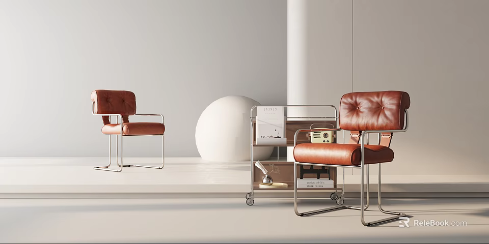 Brown Leather Accent Chairs With Metal Frame And Trolley Cart In Modern Interior 3d model 
