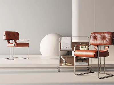 Brown Leather Accent Chairs With Metal Frame And Trolley Cart In Modern Interior 3d model