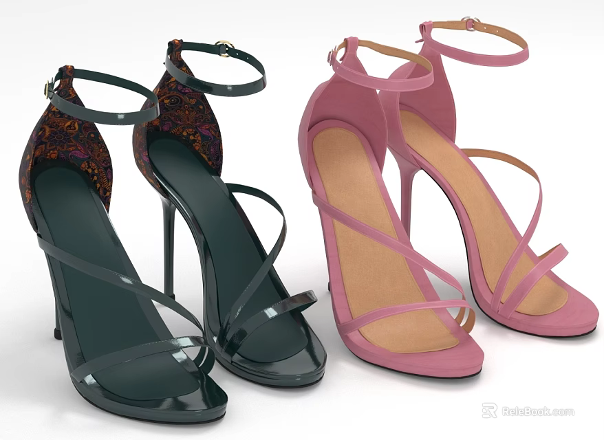 Elegant Black And Pink High Heels Shoes With Cross Straps And Floral Pattern Design 3d model 