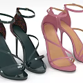 Elegant Black And Pink High Heels Shoes With Cross Straps And Floral Pattern Design