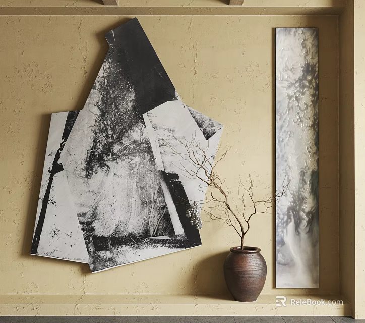 Abstract Black And White Painting On Beige Wall With Ceramic Vase And Bare Twigs 3d model 