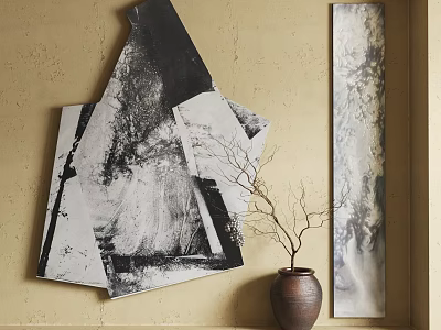 Abstract Black And White Painting On Beige Wall With Ceramic Vase And Bare Twigs 3d model