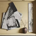 Abstract Black And White Painting On Beige Wall With Ceramic Vase And Bare Twigs