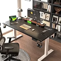 Modern Home Office Setup With Spacious Desk Dual Monitors Bookshelf And Ergonomic Chair